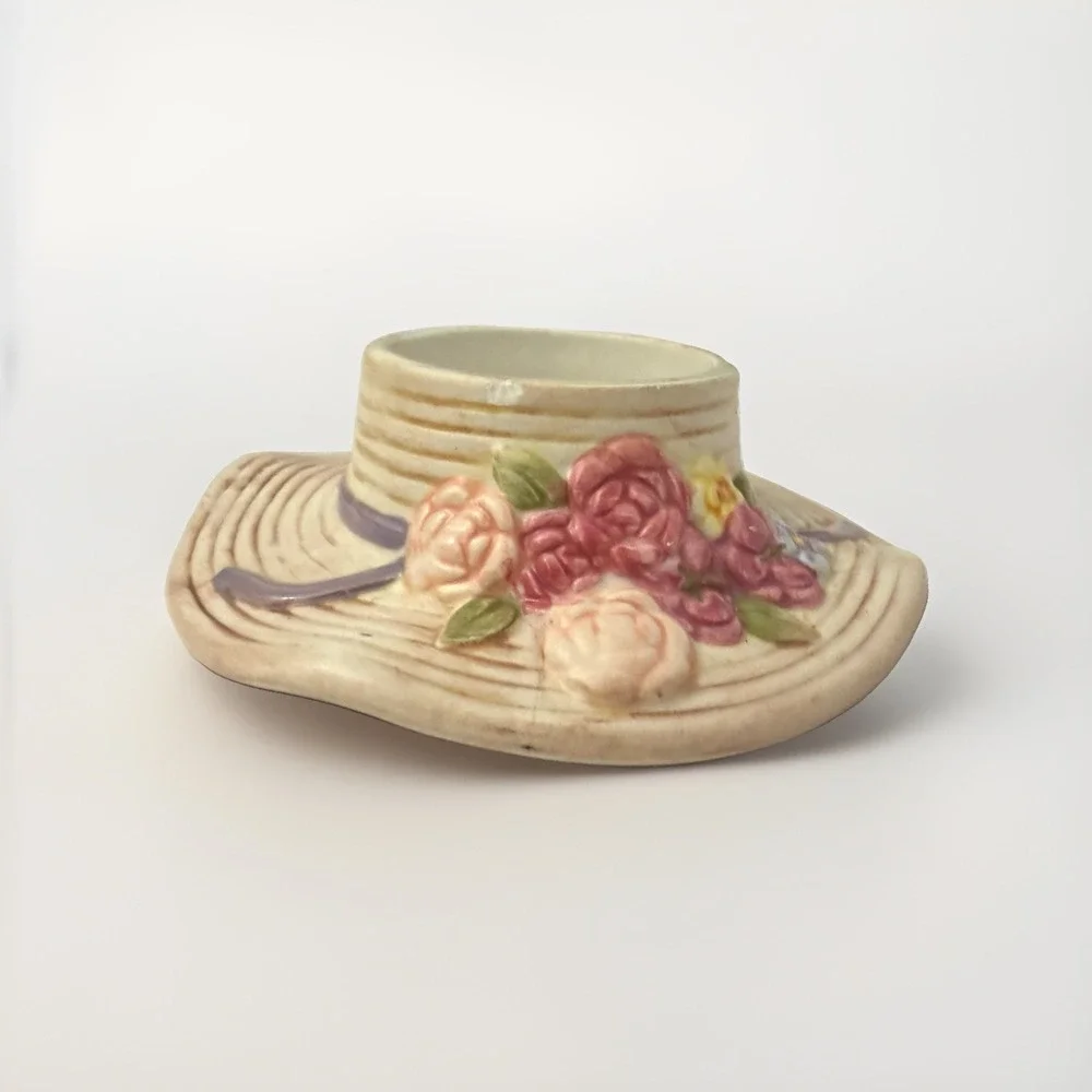 1980's Spring Floral Hat Decorative Candle Holder Ceramic READ